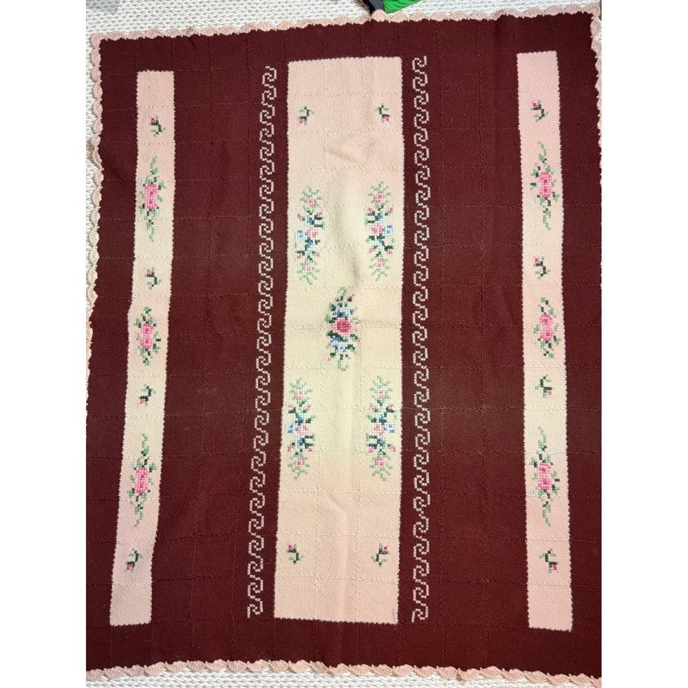 Vintage Handmade Crochet Afghan Blanket cottagecore Floral Cross Stitch wool